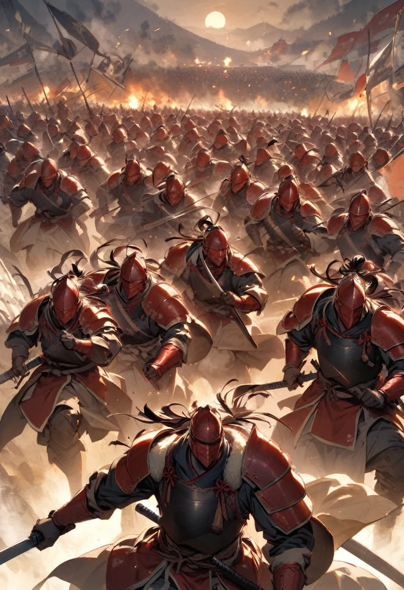 "A tense scene of a samurai army advancing toward a well-fortified war camp, with the legendary warlord Sanada Yukimura at the front, leading the charge. His red armor gleams in the fading light as they close in on Tokugawa Ieyasu's main camp. In the background, Ieyasu's forces brace themselves for the impending attack, surrounded by banners and fortifications."