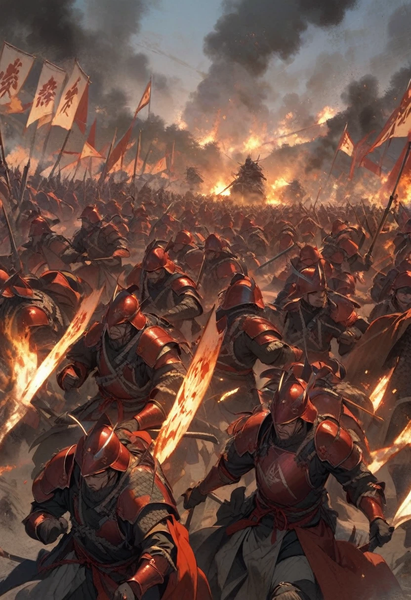 "A tense scene of a samurai army advancing toward a well-fortified war camp, with the legendary warlord Sanada Yukimura at the front, leading the charge. His red armor gleams in the fading light as they close in on Tokugawa Ieyasu's main camp. In the background, Ieyasu's forces brace themselves for the impending attack, surrounded by banners and fortifications."