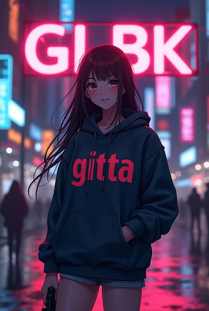 Create a character anime, {background: capital text: “GLBK”, night city}, tanned skin,
realistic, HDR, beautiful, japan style, full body, use piastol, age 20, hoodie HD text: “GITTA”, female, long hair