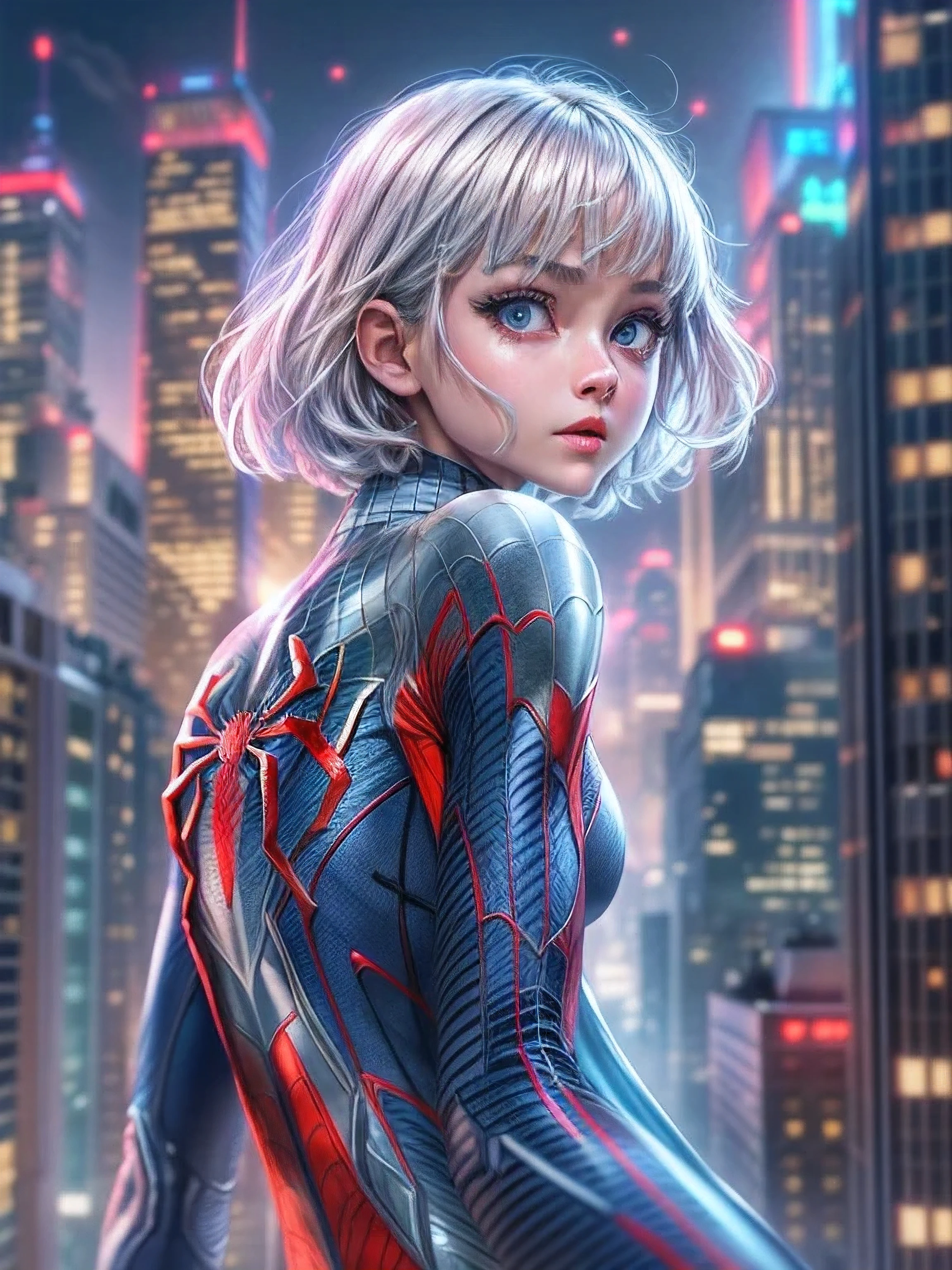 バングラデシュのSpiderman、8k.Half Russian and half Japanese、Russian face、beautiful girl、princess、、Small face、Young face、Big eyes、Skinny、Small breasts、(((Silver Hair、Silver Hair)))、With bangs、(((High resolution big beautiful light blue eyes, )))、Shortcuts、Bobcut、、Spiderman、sf,Fantasy、バングラデシュのSpiderman、Flying through the city in a spider suit
