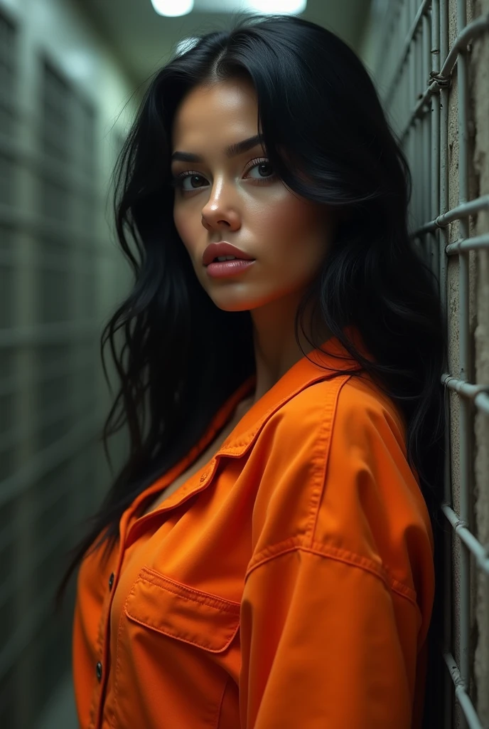 A beautiful Instagram model, long black hair, beautiful detailed eyes, beautiful detailed lips, extremely detailed face and skin, two girls, sitting in a prison cage, orange prison jumpsuit, full body view, (best quality,4k,8k,highres,masterpiece:1.2),ultra-detailed,(realistic,photorealistic,photo-realistic:1.37),HDR,UHD,studio lighting,ultra-fine painting,sharp focus,physically-based rendering,extreme detail description,professional,vivid colors,bokeh,portrait, big boobs