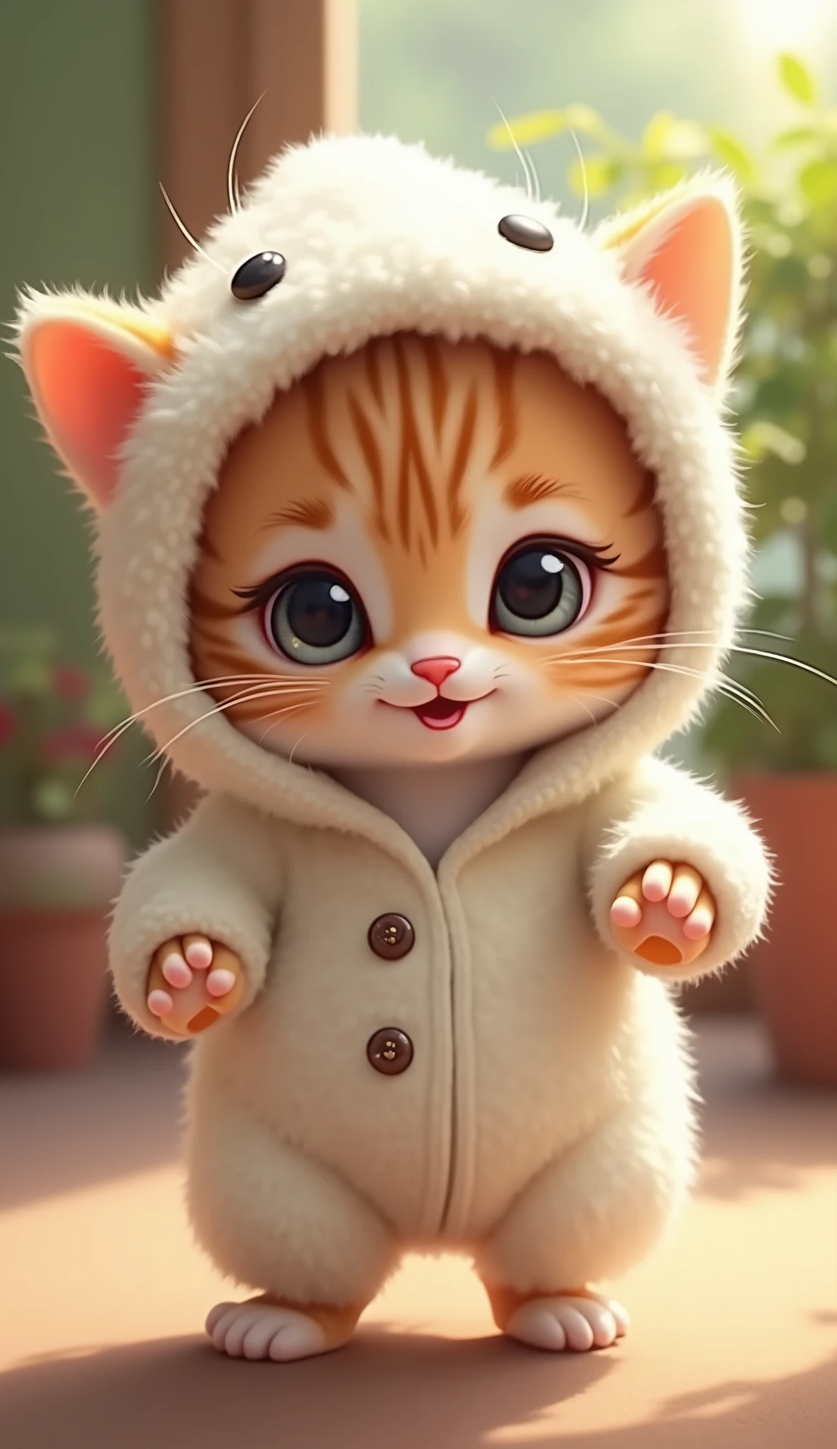 Cute kitten in fluffy white hooded outfit