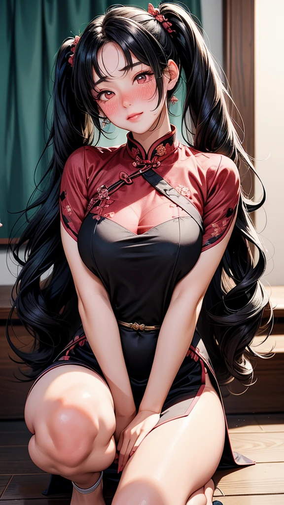 High quality illustrations。A seductive adult woman。With defined eyeliner。Her skin is flesh-colored、She has black hair。Her hairstyle is twin tails with vertical roll curls on each side.。Red eyes。She is wearing a black cheongsam。Have big breasts、She has good style、Blushing and looking happy。Crouching and standing on tiptoes with legs apart。Holding a used condom in one hand.。It has a slit in the chest area.。The front is hidden like a curtain。,(full Blush:1.7)
