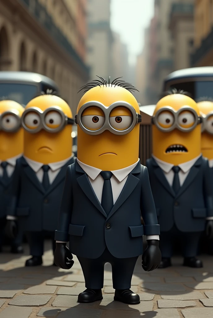 the minions mafia serious with serious shirts and pants with 5 rolls roise