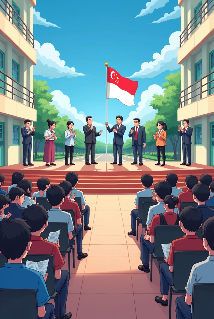 In a school square,There were many teachers and principals standing on the stage.,There are many students sitting in the audience,Among them are Malay students praying,Chinese students reading and textbooks。There are inspectors on both sides of the auditorium to maintain order。There is a national flag on the stage。cute,Anime style,Horizontal