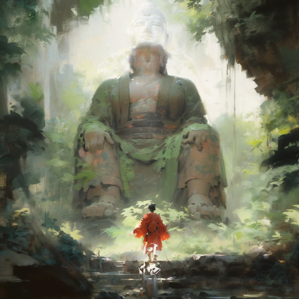 painting of a man in a red robe standing in front of a large buddha statue, by Han Gan, by Bayard Wu, by Li Zai, guweiz masterpiece, makoto shinkai and tom bagshaw, the buddha, by Raymond Han, traditional japanese concept art, by Yang J, buddhism, by Ma Shi, by Pu Hua, by Ruan Jia