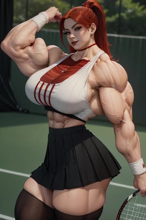 (((Close-up))), tall, (red hair) beautiful muscular asian woman, long hair, pale white skinned, large breast, closed smile, (black lipstick), (massive muscles), (hyper muscle), (((ginormous bulky muscles))), yellow eyes, (((red tennis top))), (((long black pleated skirt))), (thigh high socks), choker, (holding tennis racket), sneakers, in a tennis court, 