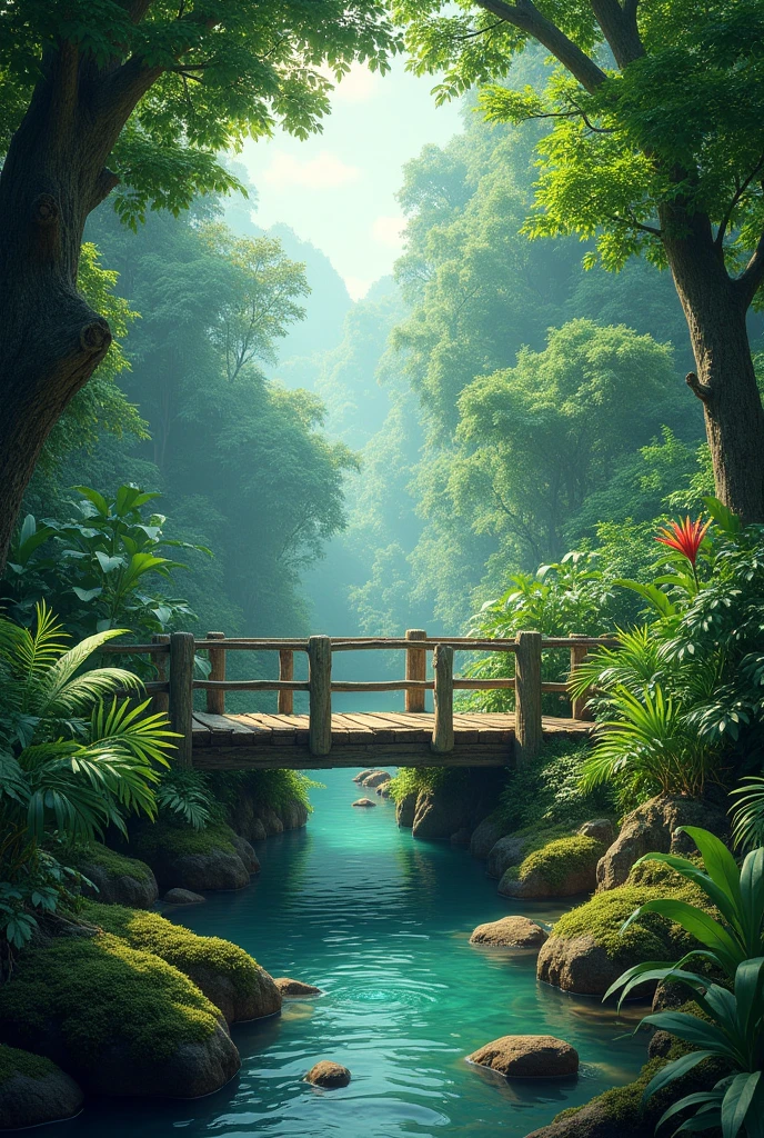 Jungle nature photo with river wooden bridge