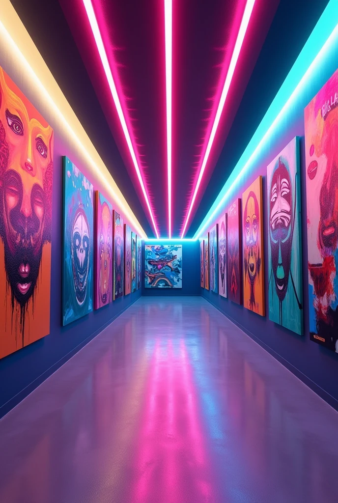 Hallway with neon lights and artistic paintings on the walls 
