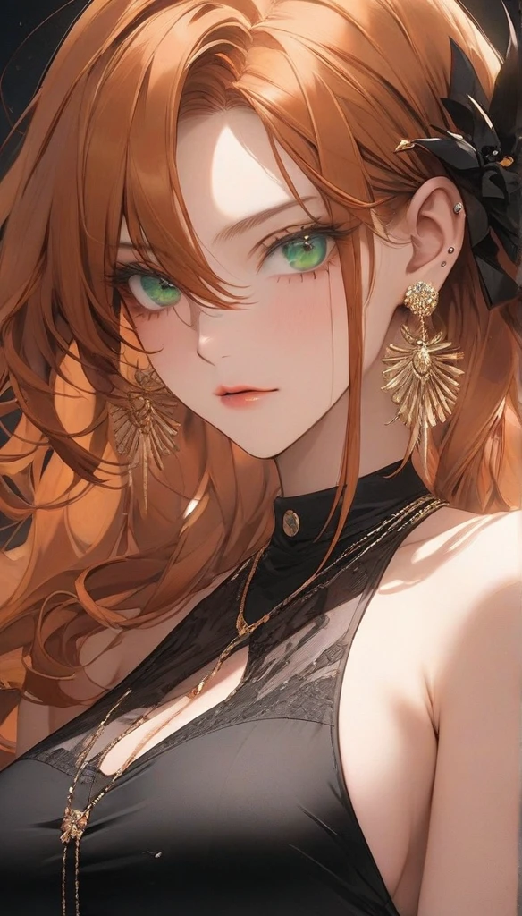 high resolution, Masterpiece, Anatomically correct, precise, qualityที่ดีที่สุด, quality, 1 woman, Age 25 years,long hair, ginger hair hair, emerald eyes, Uneven hairstyles, big breasts, earring, Dark makeup, A cold expression simple background, Close-up , Anime style,Black shirt,The body looks mature,เครื่องแต่งกายluxurious, Sharp eyes 