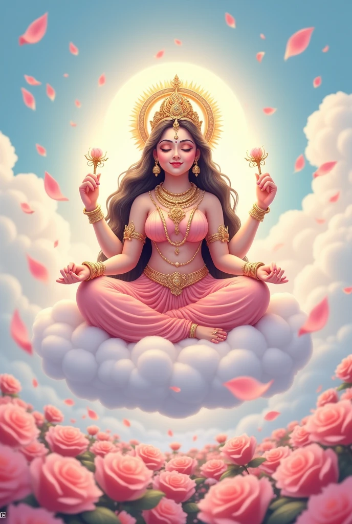 Cartoon lakshmi godess Sitting on the cloud blessing in pastel color and roses field in background and rose petal flew around