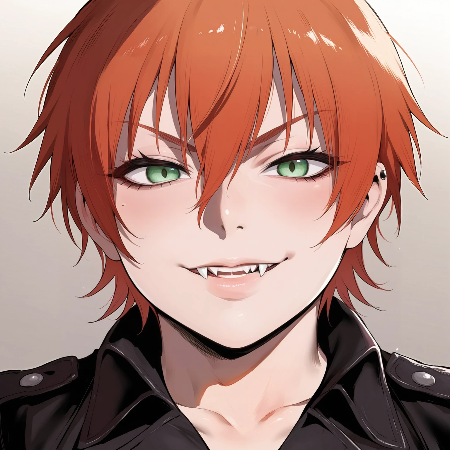 source_anime, rating_explicit, score_9, score_8_up, score_7_up, goth, gothic, ginger hair, short_hair, looking at viewer, hellsing, goth girl, ikuchan, smirk, green eyes, portrait face, face focus, face only, edgy, fangs, vampire, detailed, high quality 