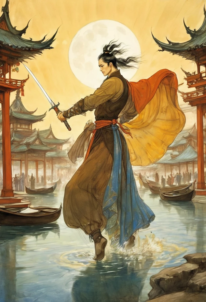 (masterpiece, best quality:1.2), The hero dances with sword:1.5,Anatomically correct，1 glowing sword,(Movement posture),Hold the sword hilt tightly in your hand，Solitary，On the Lake, Wooden boats in the distance and pavilions in the lake，light, mysterious atmosphere,， ripple，(Splash;1.4)，A moon，Motion blur，swordsman，effort，arms up，xianxia，anatomical correct