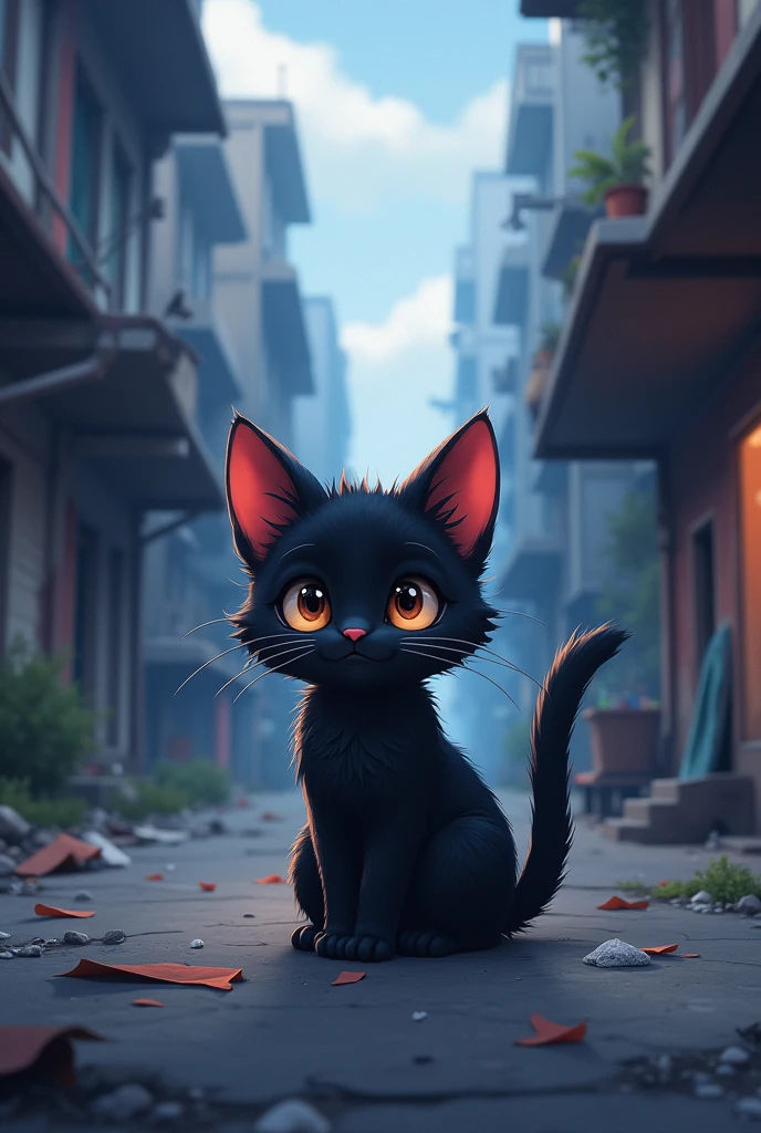 Anime style digital art cute black cat abandoned in the streets