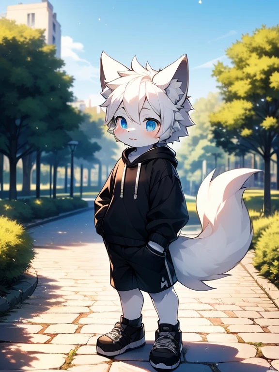 (best quality, Extremely detailed),boy,Very strong sexual desire,Furry wolf,((Big blue eyes,Watery)),((Shota)), ((Black and white hair)), Good figure, Handsome,cute, Light:极致Light影, 反Light皮肤,Reddish skin,The ultimate face,Sideways,Greeting the audience shyly,((Worn black clothes,Commoner),Black sports shorts with white trim,White socks),(Black sneakers,White laces) ,((Deep in the city park,Cobblestone Road,Next to the pool,Alone)),Outdoor sunset,((detail)),(Depth of Field),stand up,full-body shot
