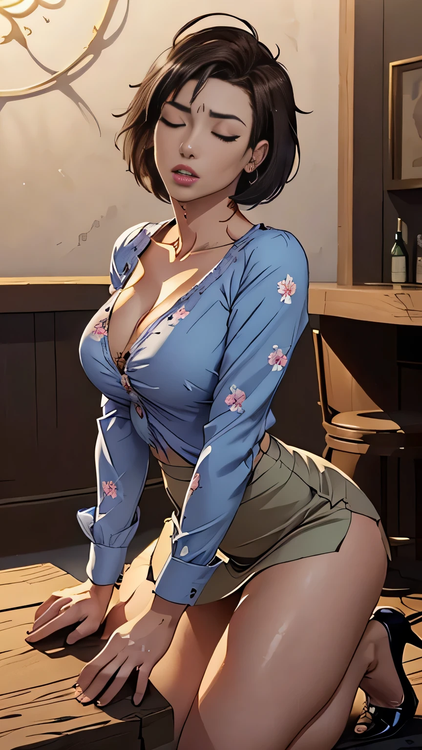 photo of mlp Meowko, RAW, beautiful woman, ((portrait)), ((detailed face:1.2)), ((anime face, anime facial feature, beautiful anime mouth, clear skin, clear skin), (short messy lesbian haircut, one shaved side, brunette: 1.55), (perfect proportioned body, Strong, muscular, narrow waist, narrow hips, skinny, masive breasts), (ahegao expression, eyes closed, orgasm face:1.35), (she wears a blue Casual Boho Floral Blouse Shirts V Neck Long Puff Sleeve Lightweight Chiffon:1.2), open shirt, cleavage, (blue mini skirt:1.1), heels, kneeling on table, splits kneeling, legs open, inside the bar, night shadows, (realistic photo, best quality, detailed), (8k wallpaper), (cinematic lighting, beautiful light, (day:1.3)) (sharp focus, intricate)