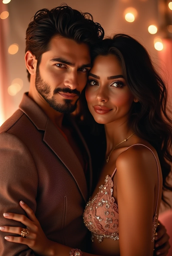 a handsome man and a beautiful lady, a beautiful couple, both wearing hyper clothes, indoor, fantasy, having fun, happy couple, beautiful detailed eyes, beautiful detailed lips, extremely detailed eyes and face, longeyelashes, (best quality,4k,8k,highres,masterpiece:1.2),ultra-detailed,(realistic,photorealistic,photo-realistic:1.37),dynamic pose, studio lighting, vivid colors, warm color tone, soft lighting, romantic atmosphere