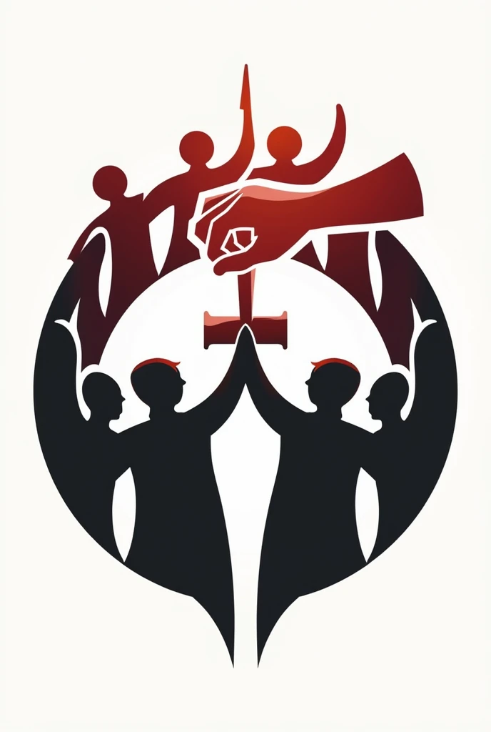 Create a logo that can use black, white or red. The logo should have the image of a sculptor's hand is sculpting a statue using both chisel and hammer. The statue is must be several figures standing in a circle, holding hands, symbolizing community and togetherness. The image should emphasize the careful and deliberate process of crafting unity and the overall style should remain artistic and inspirational
