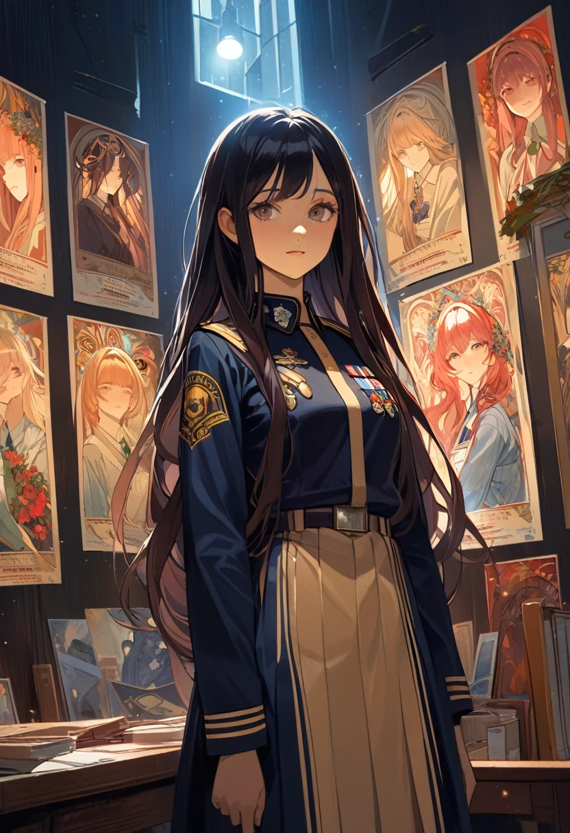 (Front Focus), (In the Dark: 1.6), Surrealist female portraits by David Hockney and Alphonse Mucha, Perfect Beauty 1:1. Fantasy Art, Photographic realism, Dynamic Lighting, Art Station, Poster, Volumetric lighting, Highly detailed face, 4k yen, Awards, One girl, In the Dark, Deep Shadow, Modest, Cowboy Shot, (Official Uniform: 1.4), Long Hair,