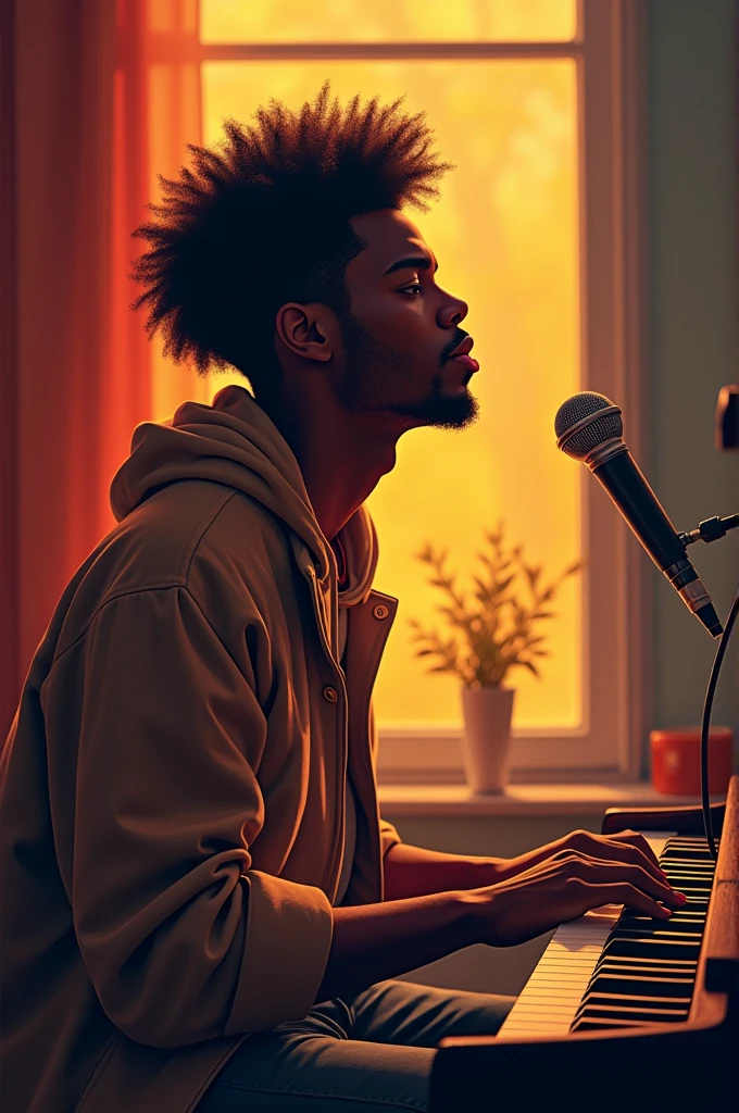 Un jeune musicien de 23ans qui a une coiffure d'afro courte dégradé, cherchant l'inspiration pour une nouvelle chanson.
