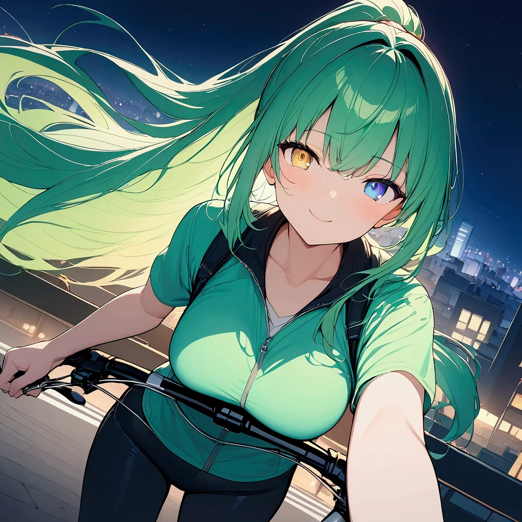 (((anime))) A woman riding a bike,green bike,very cool,Long Hair,(Green Hair),Blowing in the Wind,ponytail,Bangs parted in the center,Heterochromia iridis,((blue eyes)),Yellow Eyes,Big Eyes,smug face,Confident々Expression of rider's clothes, Light,Night City,Japan Night,Turn on the light,masterpiece,Highest quality,Exquisite,8k,Absurd,Ultra-fine illustrations,Pull angle