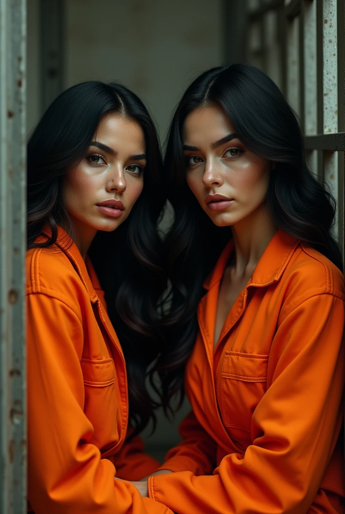 A beautiful Instagram model, with her friend, long black hair, beautiful detailed eyes, beautiful detailed lips, extremely detailed face and skin, two girls, sitting in a prison cage, orange prison jumpsuit, full body view, (best quality,4k,8k,highres,masterpiece:1.2),ultra-detailed,(realistic,photorealistic,photo-realistic:1.37),HDR,UHD,studio lighting,ultra-fine painting,sharp focus,physically-based rendering,extreme detail description,professional,vivid colors,bokeh,portrait, big boobs