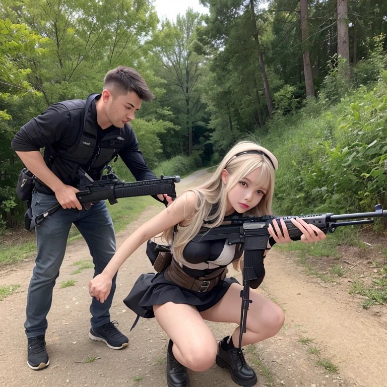 A man and a woman kneel down,Intending to subdue a man with a gun, Grab the rifle, Handle chest rifle, Extreme Log Shooting, Carrying Mosin, man is 攜Bring rifle, Bring rifle, Shoot, Long-Range Shooting, Professional shooting, firing a gun, With a rifle, 攜Bring rifle, Large caliber sniper firepowerdetailed face, cute face, ((masterpiece)), (Highest quality))), (Character design sheet, National costume, same characters, front, ~ Side, return), figure, 1 girl, whole body, Silver Hair, eyes hair, Beautiful Eyes, Princess Cut, Environmental change scene, Short skirt, Shyness, woman, girl, Are standing, Gothic Lolita, vtuber, Chartern Betarola, (simple returnground, white returnground: 1.3) ( masterpiece:1.2), (Highest quality:1.3)穿著黑色洋裝躺at the beach上的毯子上的動漫女孩, seductive anime girl, I'll draw a fan too, Beautiful charming anime woman, Azure Lane style, Cute anime waifu wearing beautiful clothes, Anime cute art style, Clean and detailed anime art, at the beach上, Wear a swimsuit, Monokini, anime goddess, Outstanding Makina, at the beach