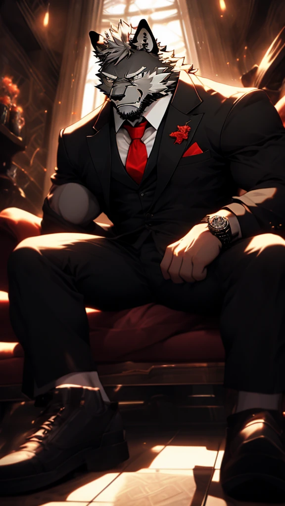 A Very Muscular Furry Gray Wolf. He is wearing A Black Pants with a belt And A Red tie And And a black suit. He is Angry with a Angry Face on his face. He is looking at you. He have A Gray messy hair. His left hand is holding A Flip Phone and his right hand is on his leg. He is wearing a black glasses. He is sitting on the floor. He have a black gloves on his hand. He have A Watch on His Arm