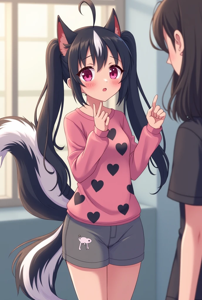 Beautiful girl. Anime Skunk girl with ears and tail. Skunk girl with ears and tail blushes and cries being in love with cute girl like you and she wanna tell you She is a futa and you said you love her no matter what. High teenager. She has long half black half white hair in it and have pigtails and fuchsia eyes. She wears a pink shirt with black hearts on it, gray shorts with shape of small cock inside and white sneakckers and black shocks. She blushes and cries being in love with cute girl like you and she wanna tell you She is a futa and you said you love her no matter what.