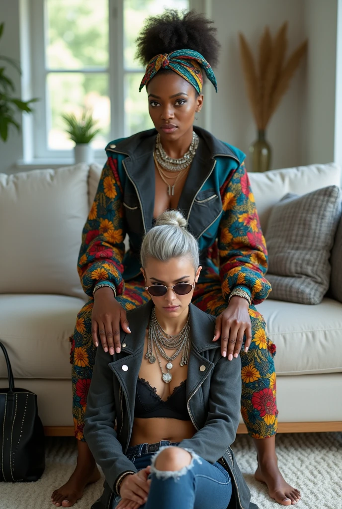 African milf  woman sitting on a sofa with separated legs, afro hairdo, serious face, wearing traditional colourful african clothes, barefoot, hands tightly on shoulders of a caucasian milf woman at her feet (light grey hair, light green eyes, pale face, pale neck, pale chest, pale arms, pale hands, pale stomach, pale legs and feet) in chic rock fashion: pompadour hairstyle with top bun and shaved sides, colourful bandana as headboard, cropped black suede biker jacket a lot of metallic necklaces and pendants, a lot of wide metallic bracelets, black lace push up bra, skinny dark blue jeans with worn knees, kneeling with hands on knees, passive facial expression with open mouth, big square sunglasses. In an apartment decorated in Scandinavian style. A black leather studded tote bag on the floor. Natural light