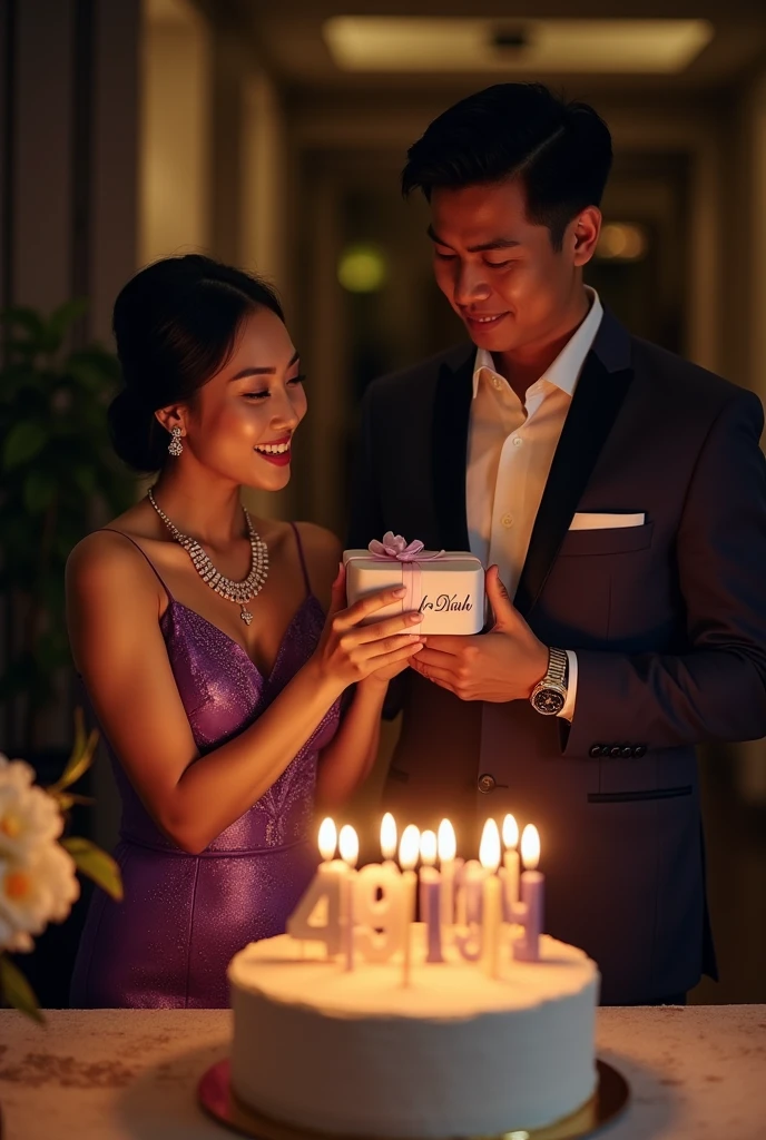 dinner celebrating the 49th birthday of an Indonesian woman and a man, In front of them was a birthday cake with the word 49 written on it with the number 49 candles.. There is writing "For Diah". They were both dressed in high class formals. The woman is wearing a purple Empire Waist Dress with her chest covered and wearing a diamond necklace with a cross on the end.. The woman's position is blowing out the candles. The man wearing a Richard Mille watch holds a birthday present to be given to the woman.. Photo realistic image quality. UHD image. Pose facing the camera