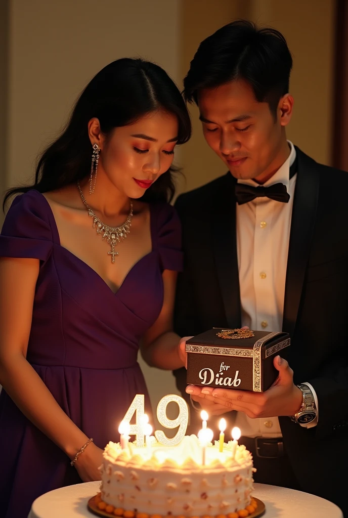 dinner celebrating the 49th birthday of an Indonesian woman and a man,  In front of them was a birthday cake with the word 49 written on it with the number 49 candles..  There is writing "For Diah". They were both dressed in high class formals. The woman is wearing a purple Empire Waist Dress with her chest covered and wearing a diamond necklace with a cross on the end.. The woman&#39;s position is blowing out the candles. The man wearing a Richard Mille watch holds a birthday present to be given to the woman.. Photo realistic image quality. UHD image. Pose facing the camera