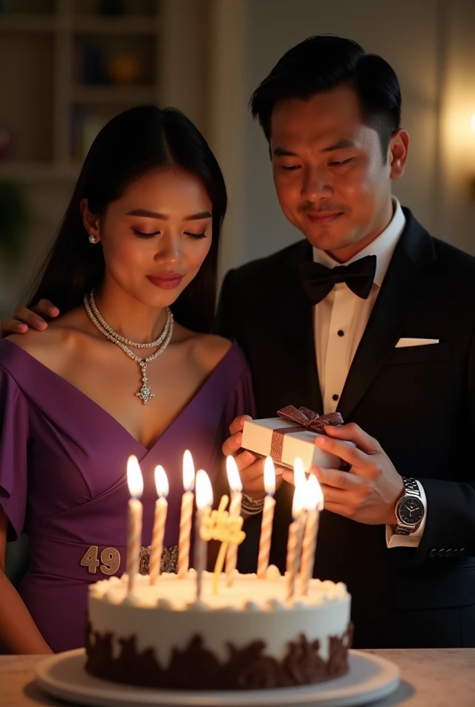 dinner celebrating the 49th birthday of an Indonesian woman and a man, In front of them was a birthday cake with the word 49 written on it with the number 49 candles.. There is writing "For Diah". They were both dressed in high class formals. The woman is wearing a purple Empire Waist Dress with her chest covered and wearing a diamond necklace with a cross on the end.. The woman's position is blowing out the candles. The man wearing a Richard Mille watch holds a birthday present to be given to the woman.. Photo realistic image quality. UHD image. Pose facing the camera