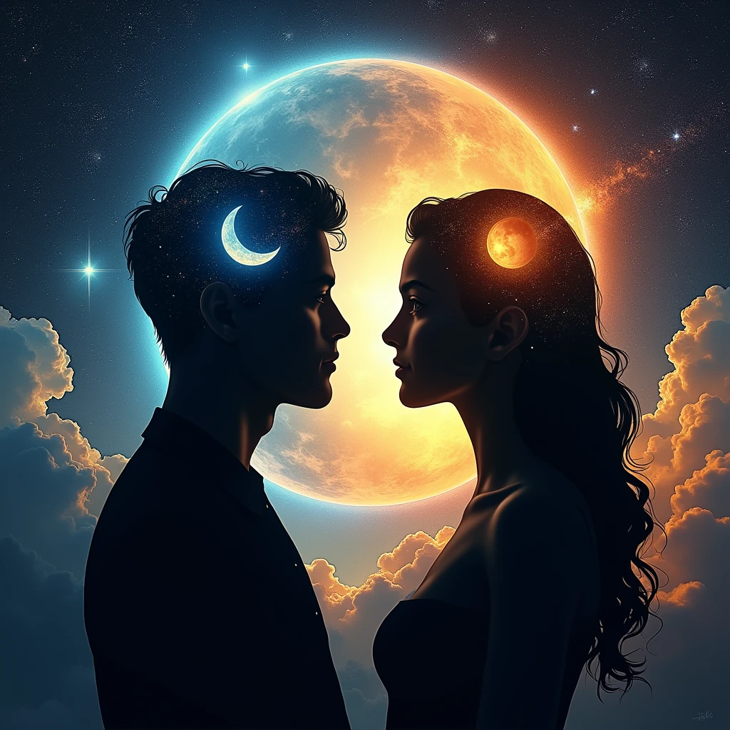 Space stars background、男性と女性の横顔のsilhouette、through、Moon and Sun、Beautiful Galaxy、High resolution, masterpiece, Highest quality, detail, 高いdetail, The sun for women、The moon for men、Shadow、silhouette, Illustration, Baroque, 男性のsilhouetteの中には青い月があります、