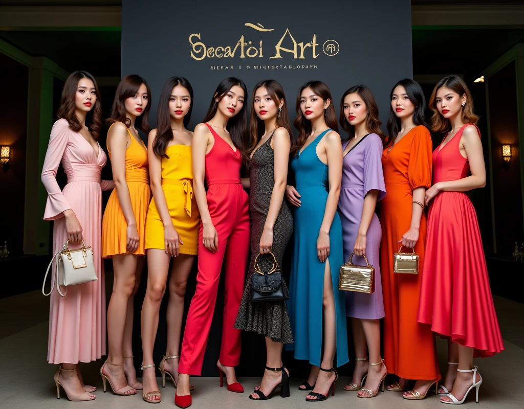 Group photo of Asian female models with different hairstyles, wearing colorful dresses, high heels, holding branded items, standing and holding at a night event., Name of event "SeaArt & AI Art Thailand" She has different poses., Luxurious atmosphere