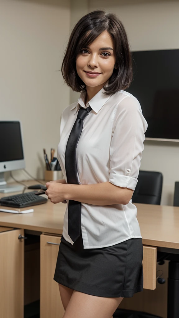beautiful woman, expressive eyes, smile, a little embarrassed, black hair, Bob haircut, athletic build, Long legs, a white blouse, short black skirt, tie, in the office it's erotic
