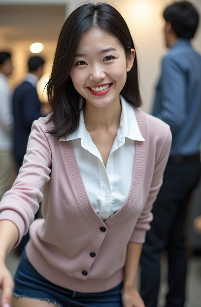 ((Highest quality, 8k, Portraiture: 1.3)), (Viewer Display), Photographic realism, Sharp focus, alone, A very beautiful Japanese office lady、Denim mini skirt、 (Dark pink V-neck sweater、Deep neckline),(White bra)、evil grin、smiling at viewer、(short hair)、Gray background、Leaning forward、(Front Light)、Bend your body,front,top-down view、down blouse, ((Cleavage)), downblouse,Studio shot,Gray background、munechira,(((Small breasts)),Flat Chest、(hand on butt)