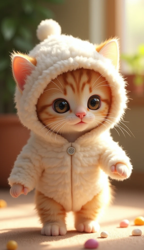 Cute kitten in fluffy white hooded outfit