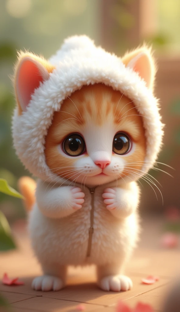 Cute kitten in fluffy white hooded outfit