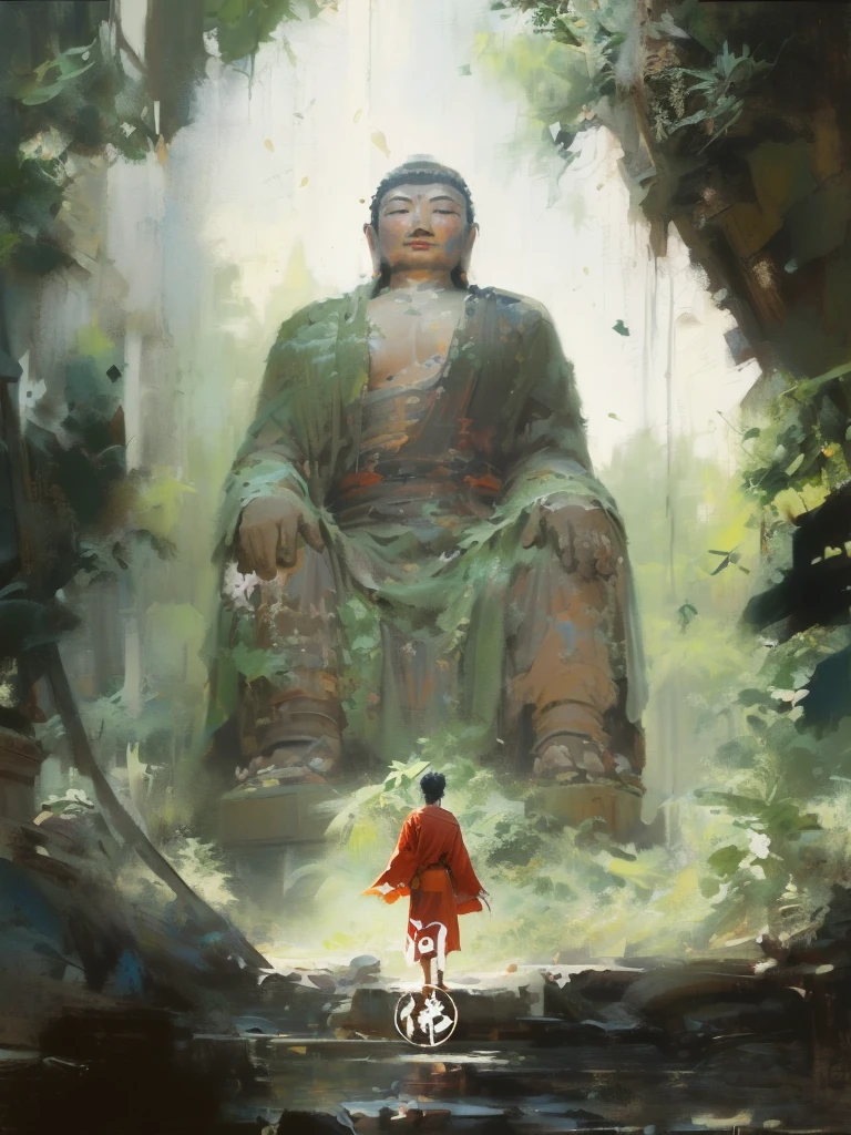 painting of a man in a red robe standing in front of a large buddha statue, by Han Gan, by Bayard Wu, by Li Zai, guweiz masterpiece, makoto shinkai and tom bagshaw, the buddha, by Raymond Han, traditional japanese concept art, by Yang J, buddhism, by Ma Shi, by Pu Hua, by Ruan Jia