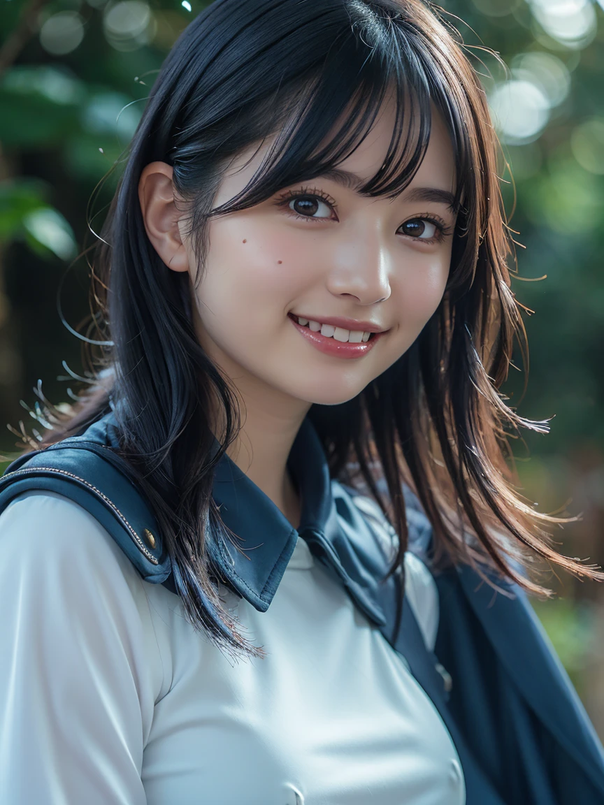 (8k, RAW Photos,Highest quality, High resolution:1.1), (Ultra-realistic:1.4),(Realistic, Realistic:1.3),The Beauty of Japan、Japanese、1 person、((smile:1.2))、Body facing forward、Face close-up、Upper body close-up,Diagonal bangs、Bright light Blue Hair、 Sage_(dq3),Long Hair, Blue Hair, Circlet, Red eyes,Small breasts, Yellow gloves, White Dress, belt, Cape, boots