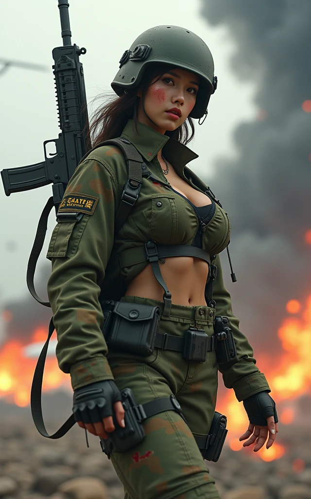IDF soldier girl, standing victorious in rumble, smoke, dressed in sexy torn army uniform, small breasts, flat tummy, machine gun, by Brian Bolland, by Frank Frazetta, by Wally Wood, retro, vintage, lurid vivid colors, 8x