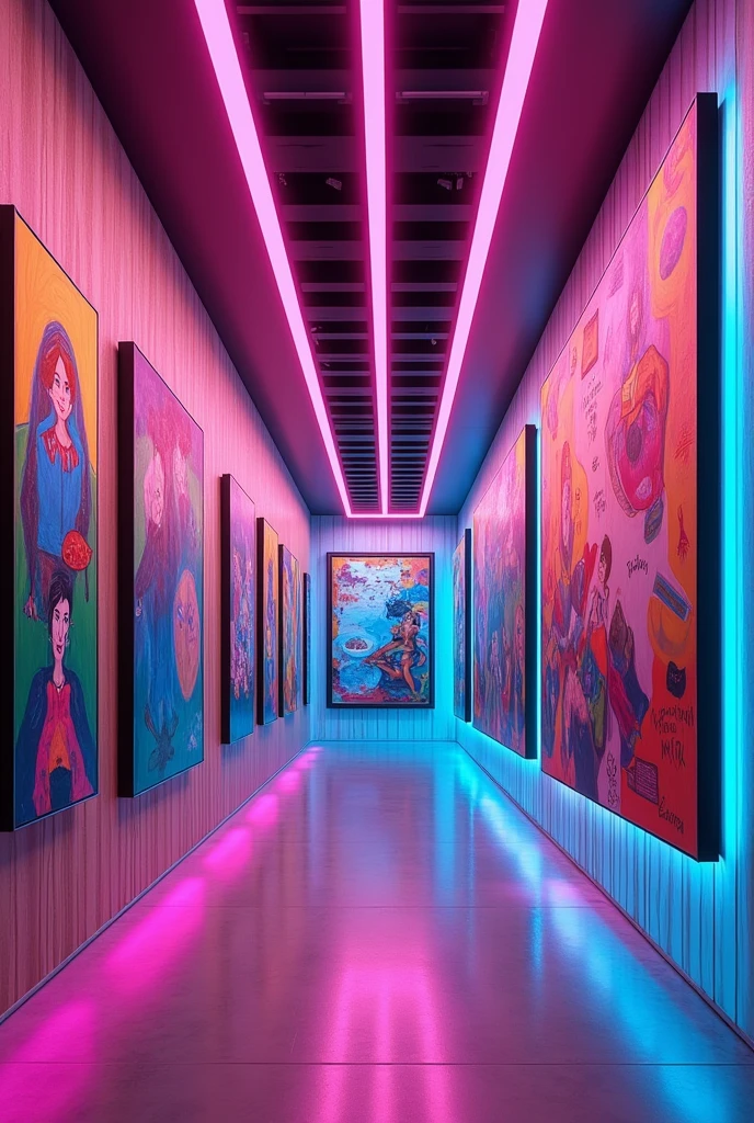 Hallway with neon lights and artistic paintings on the walls