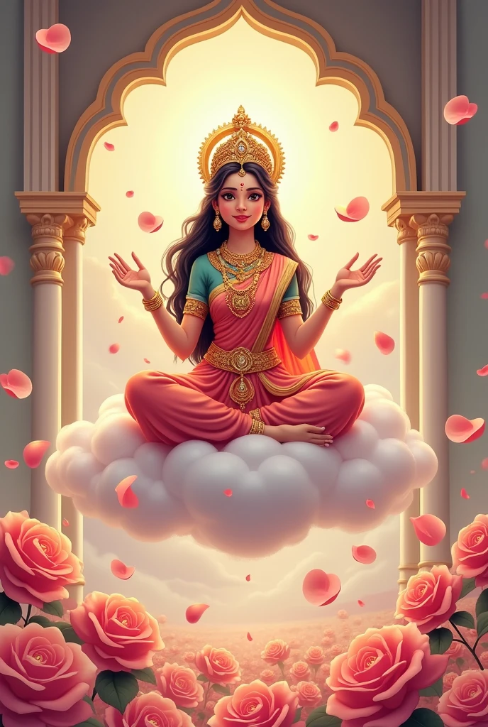 Cartoon lakshmi godess Sitting on the cloud blessing in pastel color and roses field in background and rose petal flew around in picture arch frame