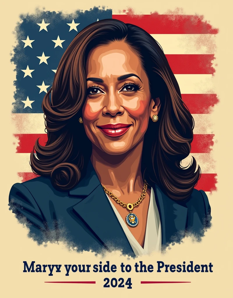 Design a vintage Americana-inspired portrait of Kamala Harris with a muted red, white, and blue color palette. Pair the portrait with the quote, "Madam President Kamala Harris 2024: Hope, Progress, Unity," in classic serif typography. This nostalgic yet modern design will appeal to patriotic and political audiences for T-shirts.