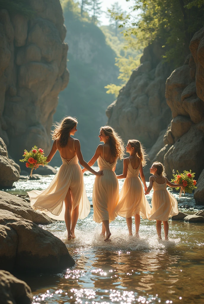 Photoshot of 2 beautiful women dancing with 2 young girls while holding flowers on the rocks and in the river