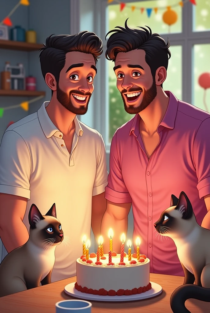 The birthday has a man wearing a white short-sleeved shirt and a man wearing a pink shirt and a Siamese cat blowing out candles on the cake.