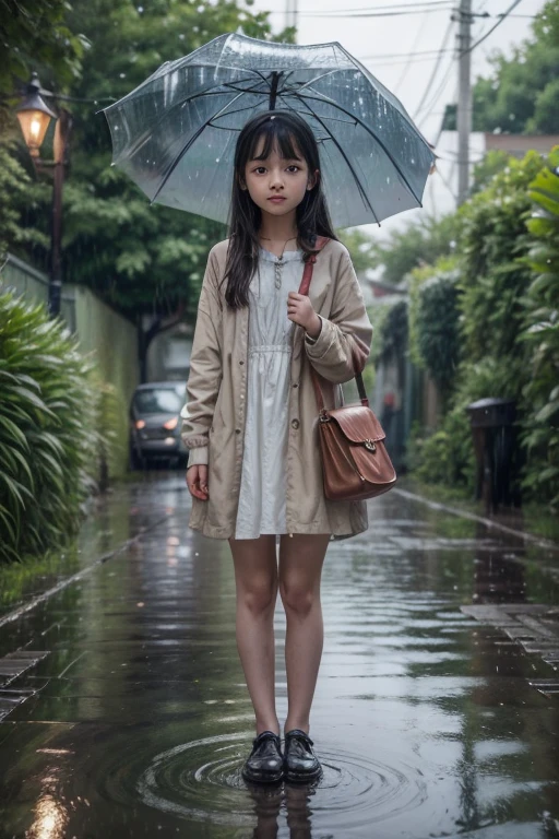 "Create an image of a young girl standing in the rain, holding a vibrant, patterned umbrella. The scene should be reminiscent of Studio Ghibli's art style, with soft, warm colors and a touch of magic in the atmosphere. The rain should be gentle, with droplets forming ripples in puddles on the ground, and the girl's expression should convey a sense of wonder or calm as she gazes into the distance. Surrounding her, the environment should feel lush and alive, with small details like glistening leaves and softly glowing lights adding to the whimsical charm."