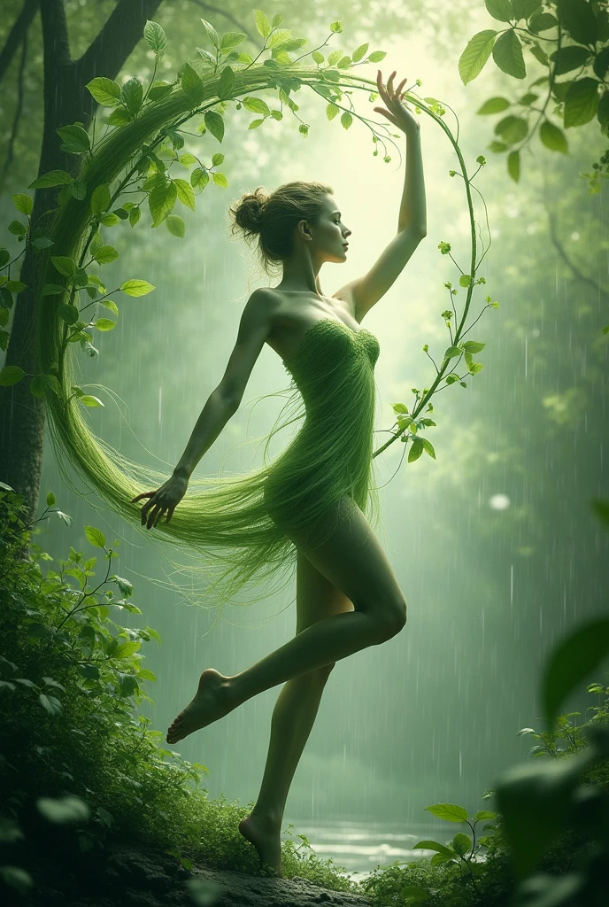 Delicate intricate leaf vein resembling delicate brushstrokes as trendrils of foliage swirl around the figure blurring the lines between dancer and environment against a backdrop of gentle glistening rainfrops