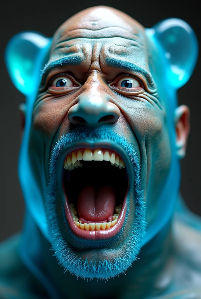 A close-up shot of Dwayne "The Rock" Johnson's face, morphed into a gummy bear. His mouth is wide open, showing his teeth, and his eyes are wide with fear. The gummy bear is blue and translucent, and the background is blurred. The overall mood is humorous and slightly disturbing.

[Digital art, meme style], [Reference: "The Rock" movies], [Color palette: blue, black, white, red, yellow, green]